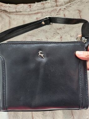 Black Leather Messenger Bag with Deer Emblem